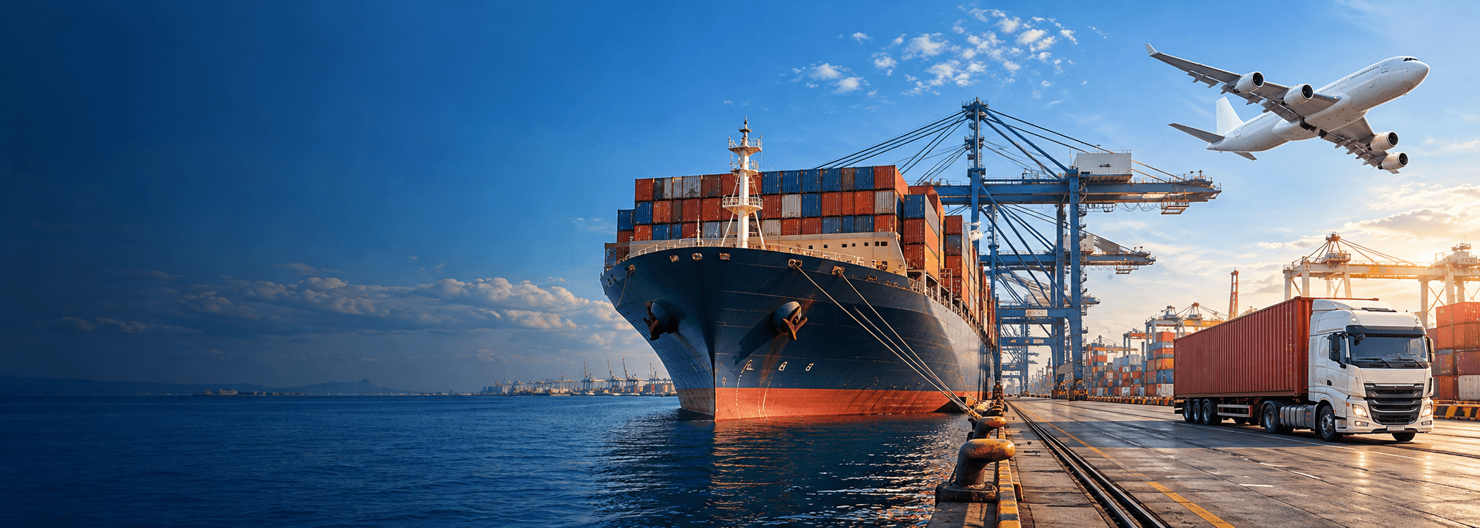 Cargo ship, aircraft and truck at an international container port