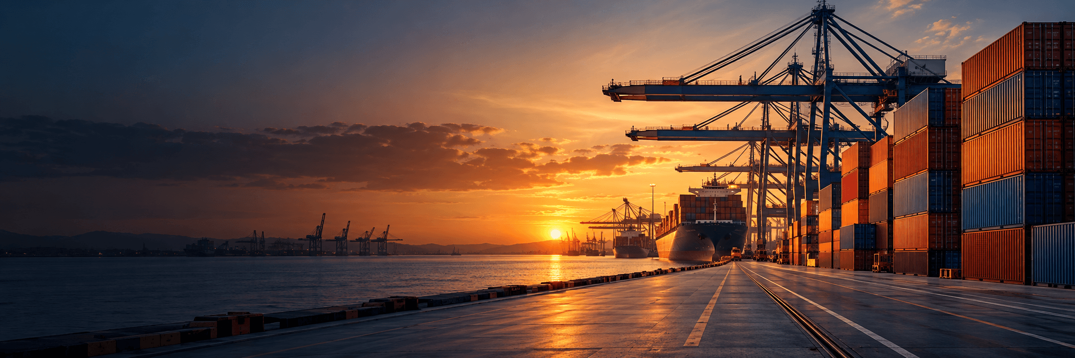 Container terminal at sunset